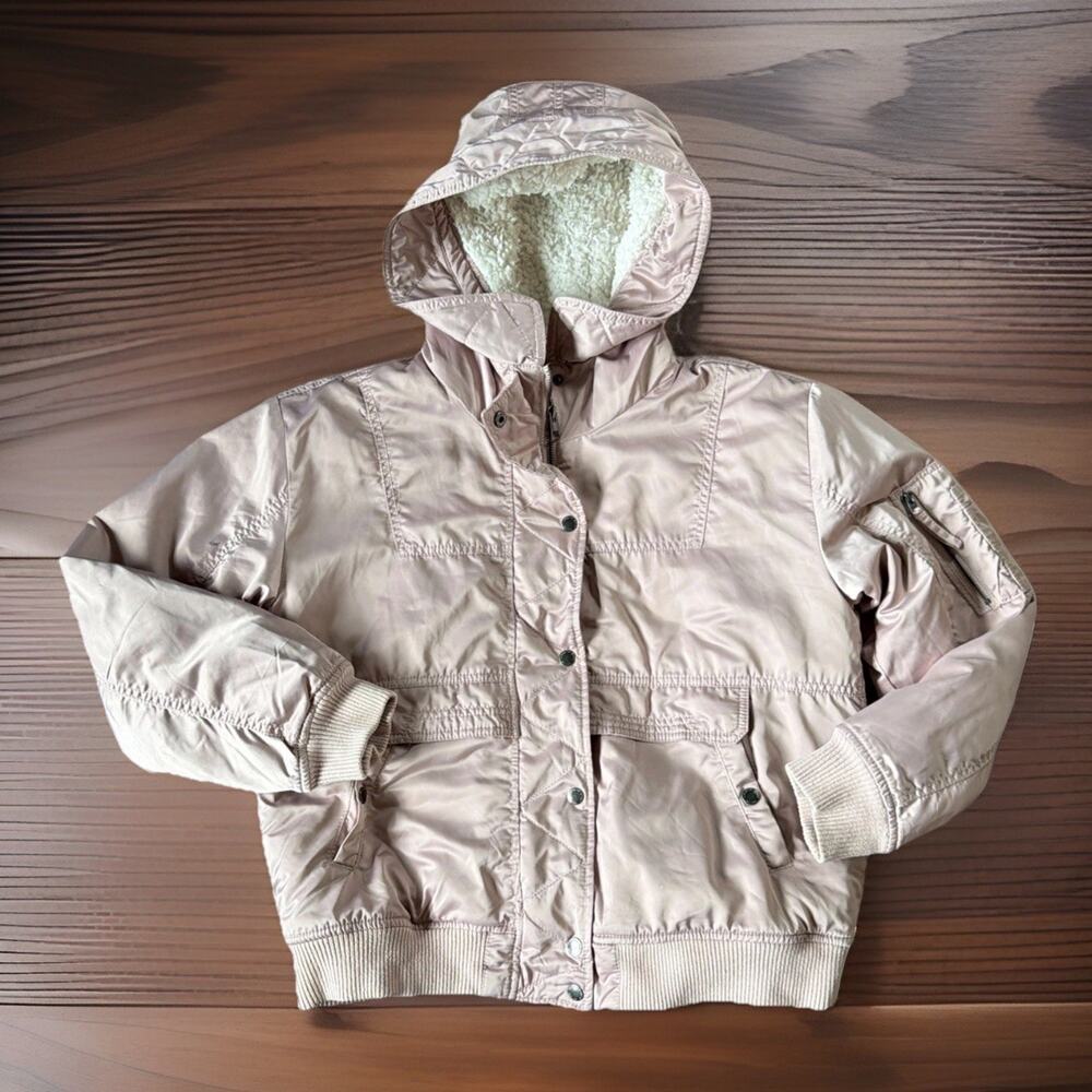 Y2K American Eagle Sz L Pink Bomber Jacket Sherpa Hooded Barbiecore Aviator